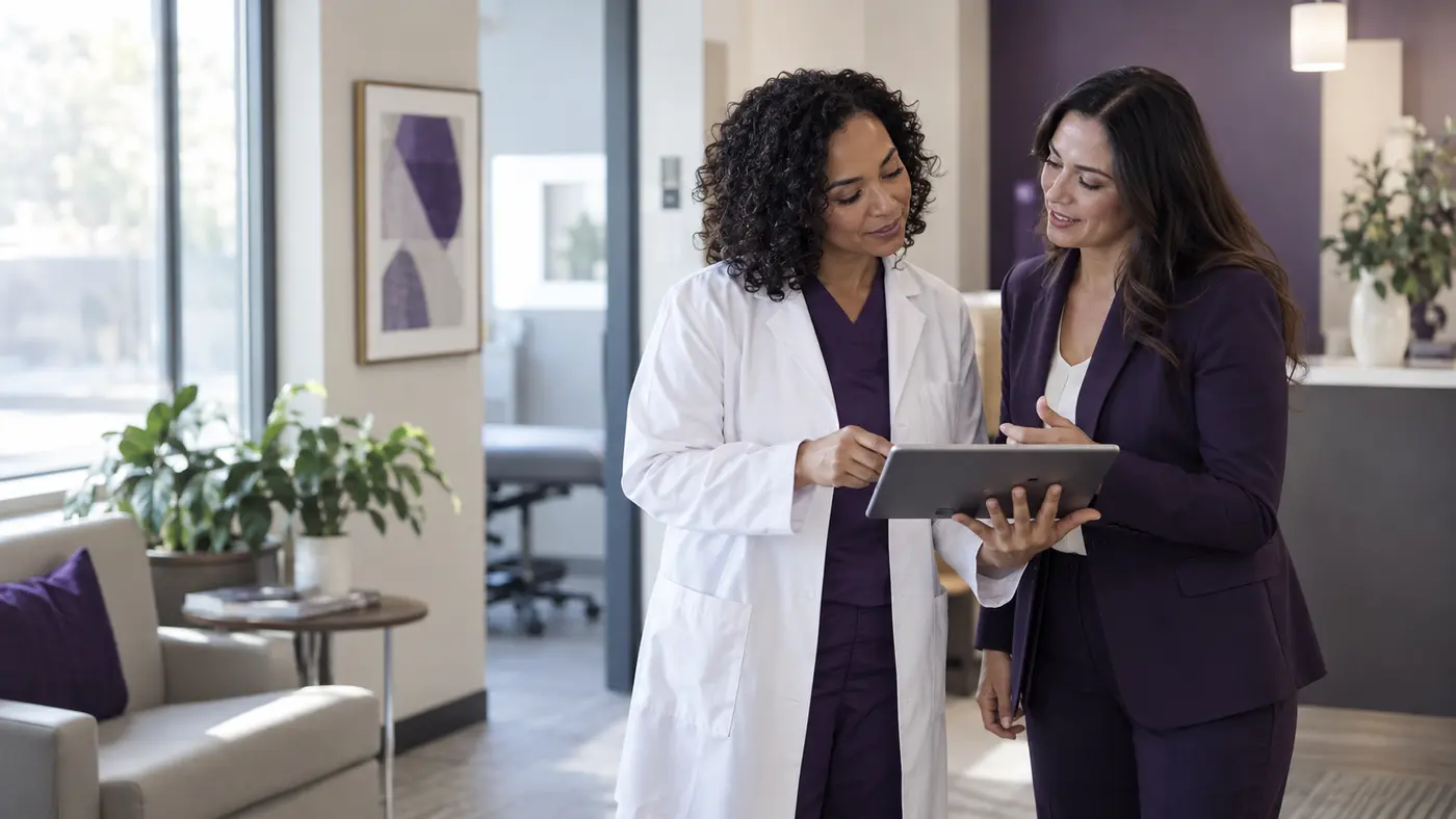 Two healthcare professionals reviewing a tablet together