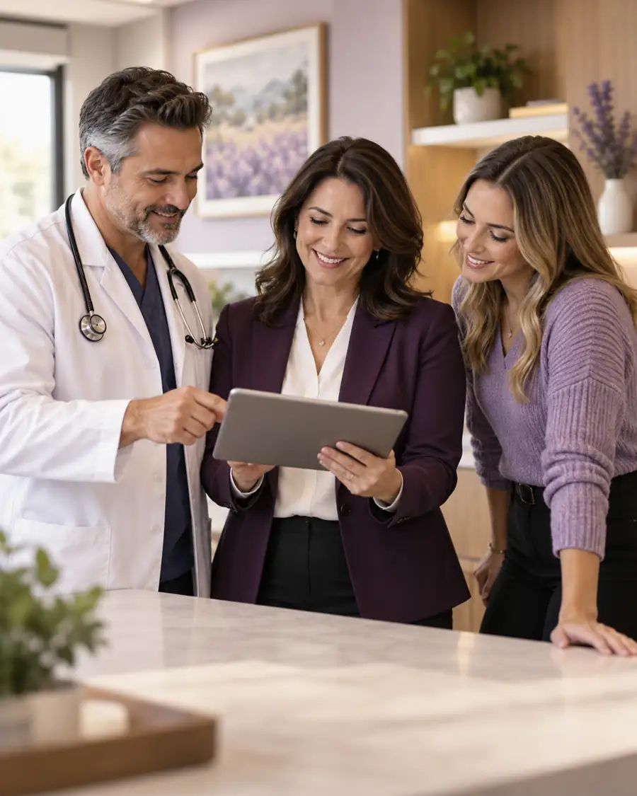 Healthcare practice team reviewing information together